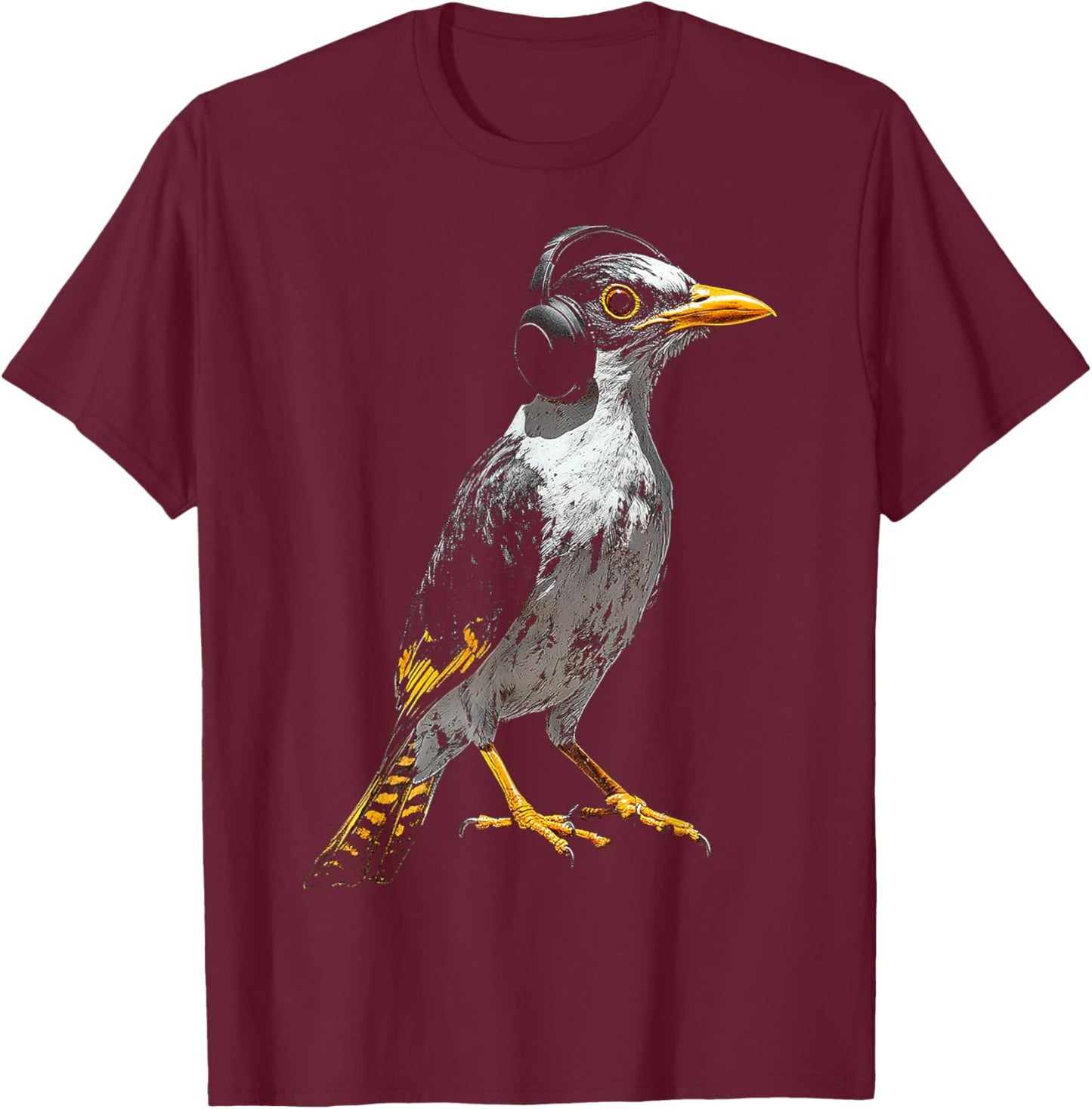Myna Bird Motif Animal Illustration Music Headphone Myna T-Shirt - T-Shirt | Maroon