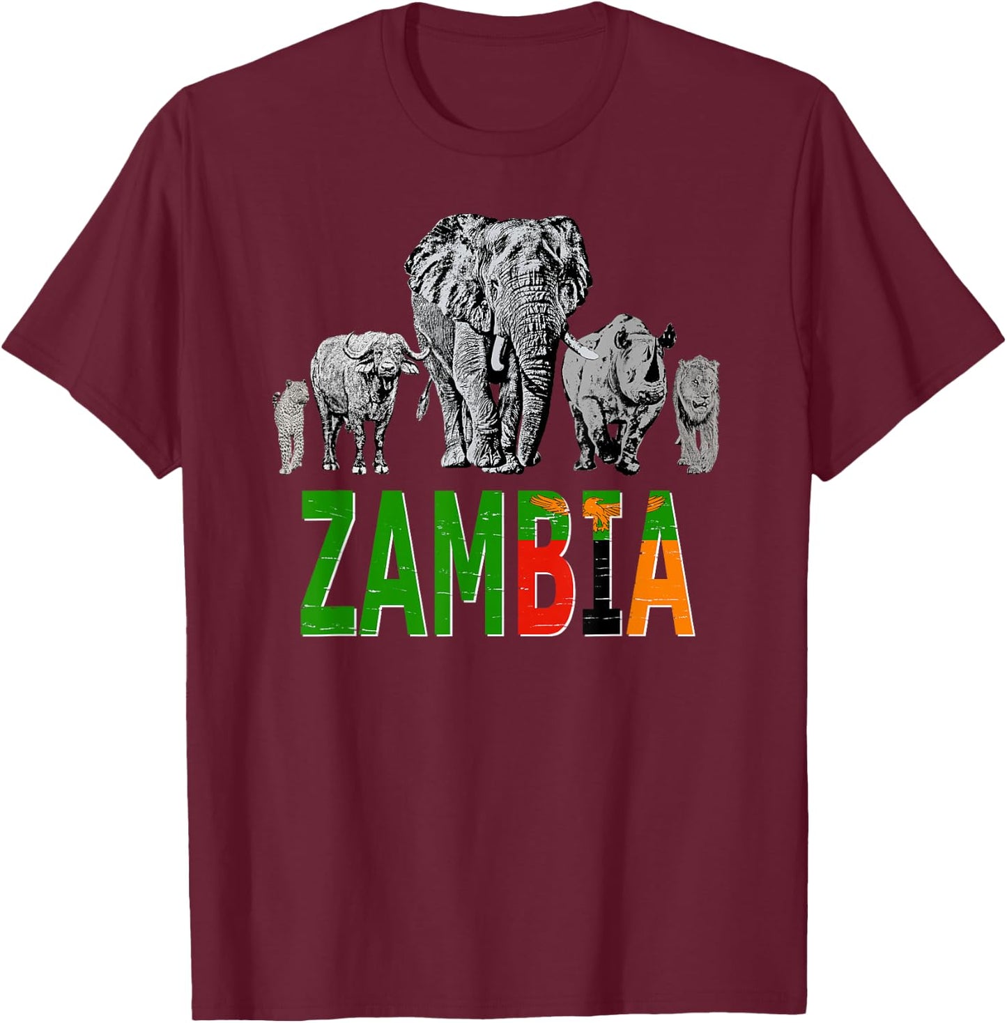 Big Five Zambia Pride Wildlife T-Shirt - T-Shirt | Maroon