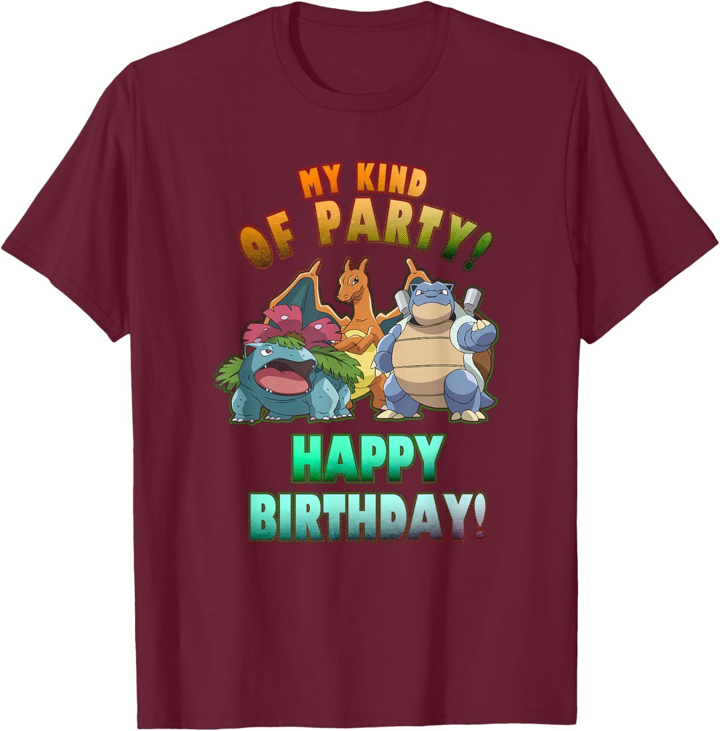 Pokémon Birthday Group My Kind of Party Rainbow Text T-Shirt - T-Shirt | Maroon