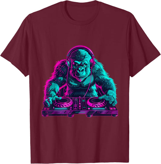DJ Gorilla EDM Dance Club Gorilla Lover Turntable DJ Gorilla T-Shirt - T-Shirt | Maroon