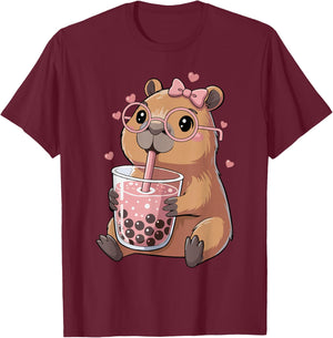 Capybara Drinking Bubble Tea für Mädchen Cute Capybara T-Shirt - T-Shirt | Maroon