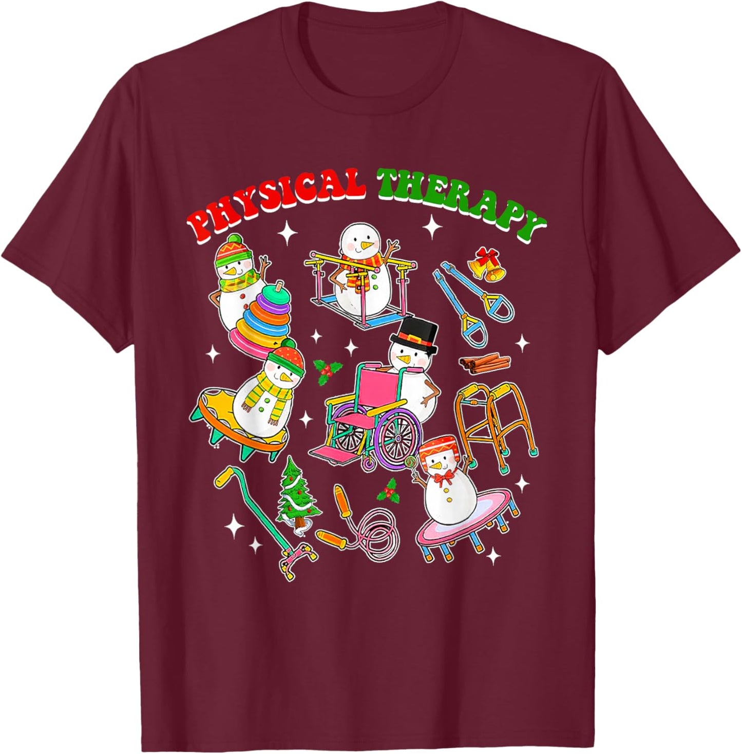 Pt Snowman Physical Therapy Christmas Physical Therapist T-Shirt - T-Shirt | Maroon