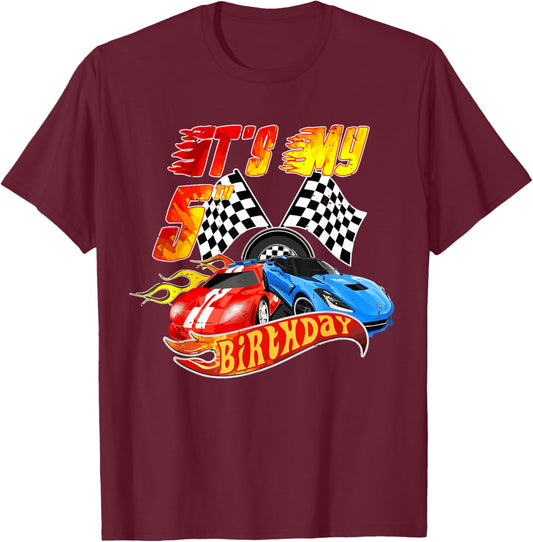 It's My 5th Birthday Kid 5 Year Old Race Car Birthday Racing T-Shirt - T-Shirt | Maroon