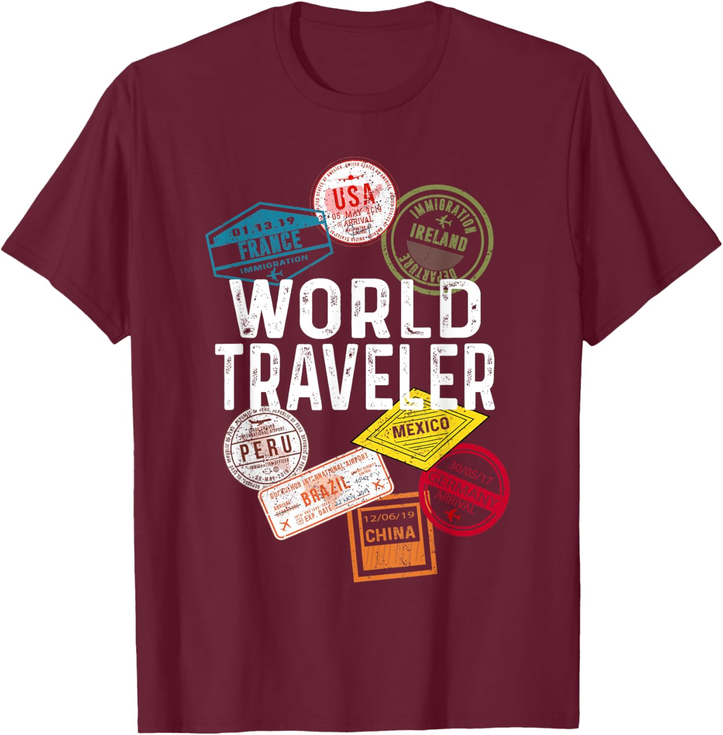 Vintage Distressed World Traveler Passport stamp T-Shirt - T-Shirt | Maroon