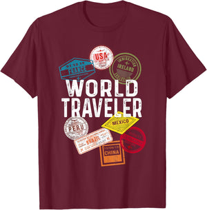 Vintage Distressed World Traveler Passport stamp T-Shirt - T-Shirt | Maroon