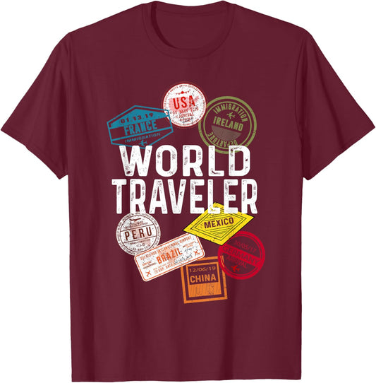 Vintage Distressed World Traveler Passport stamp T-Shirt - T-Shirt | Maroon