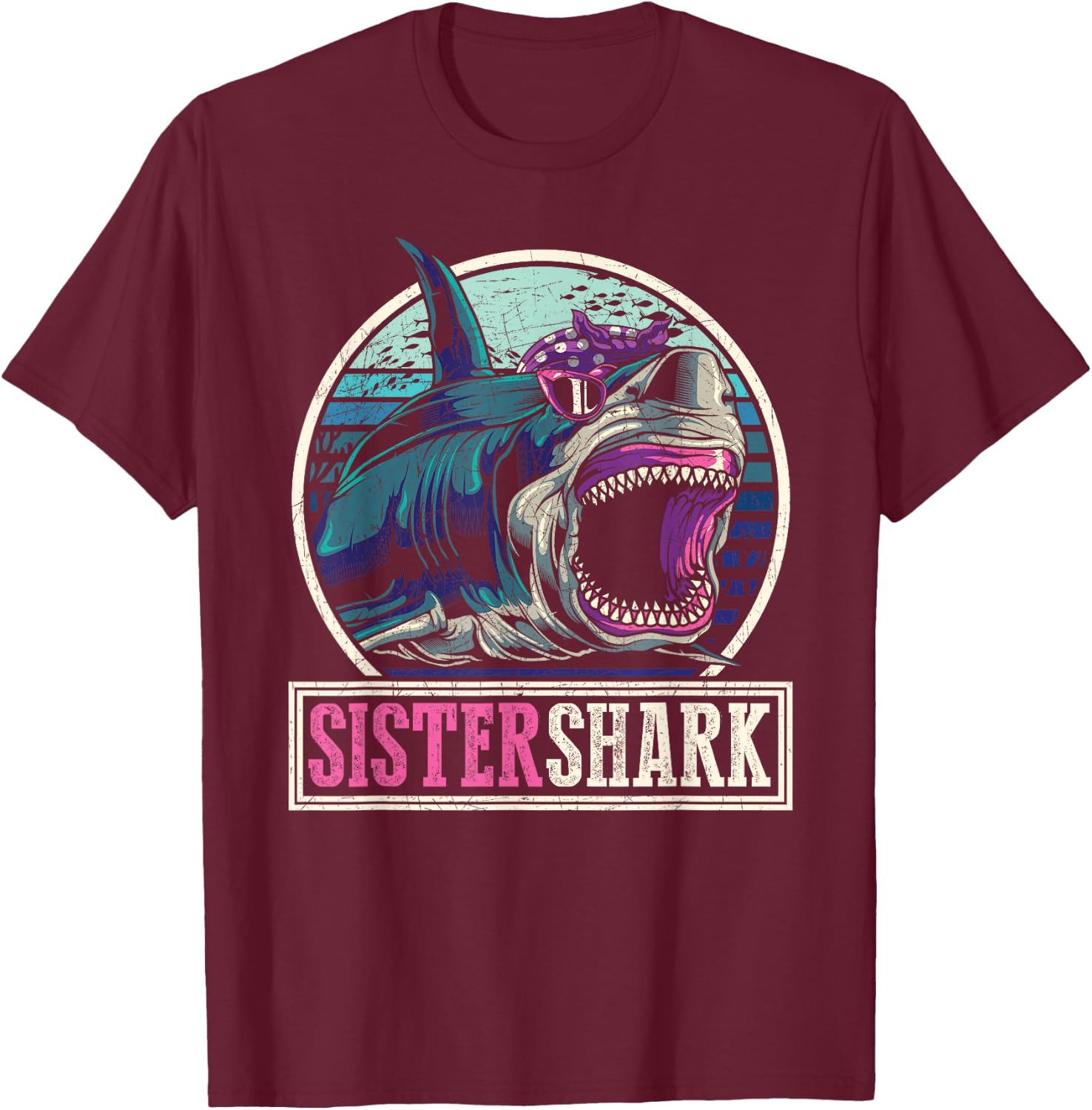 Retro Ocean Animal Family Girls Gift Predator Sister Shark T-Shirt - T-Shirt | Maroon