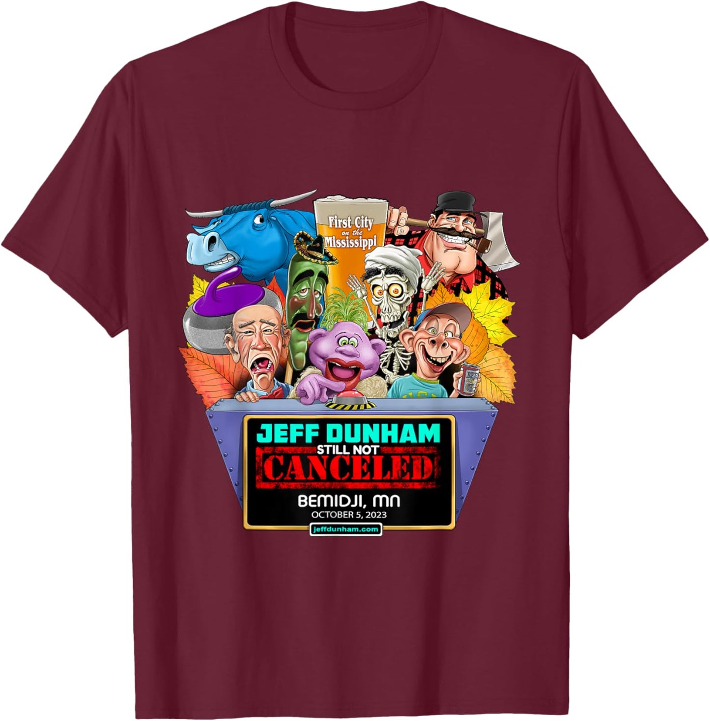Jeff Dunham Bemidji, MN (2023) T-Shirt - T-Shirt | Maroon