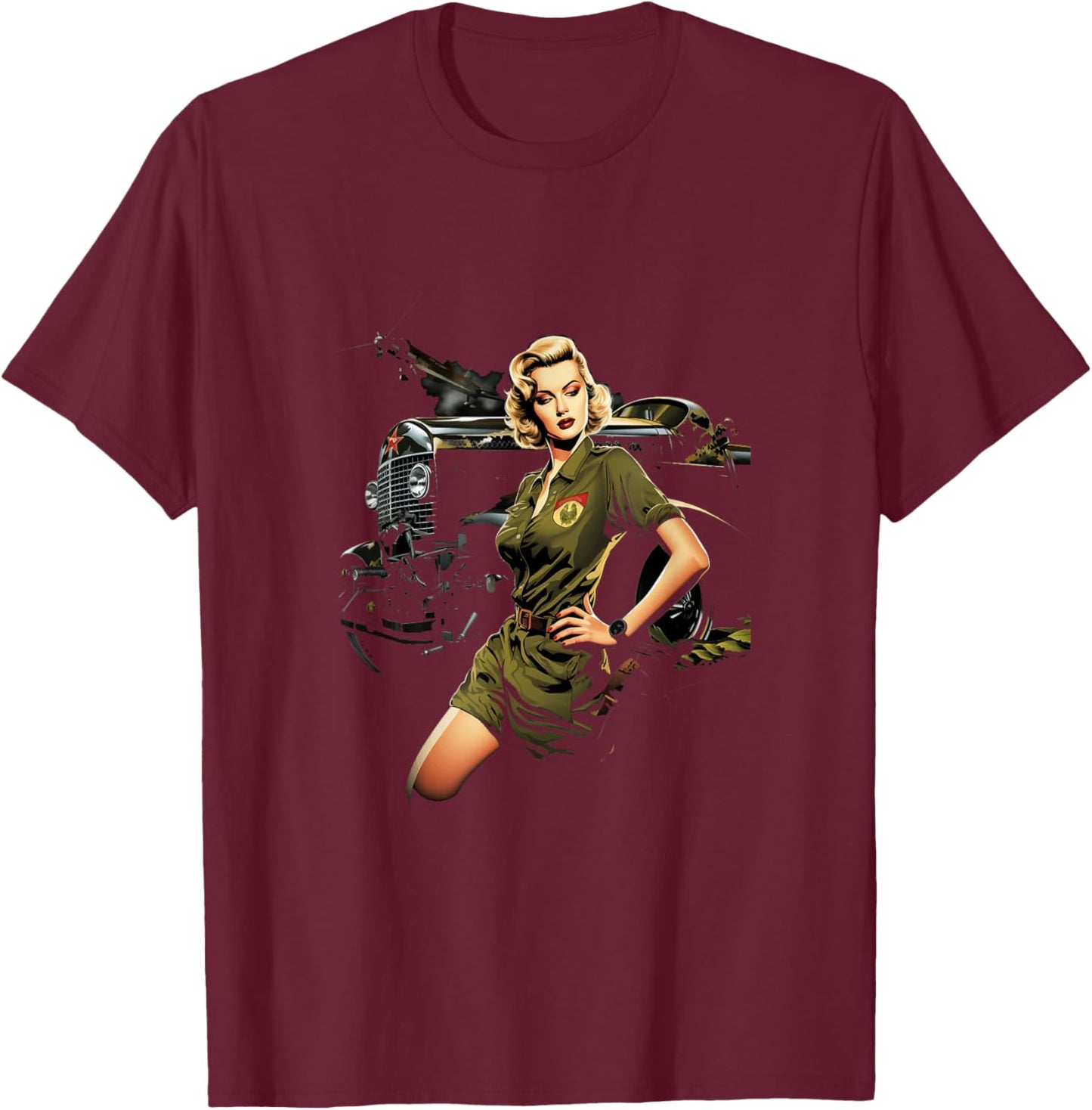 Pinup Girl WW2 Military Vehicle Tank Vintage T-Shirt - T-Shirt | Maroon
