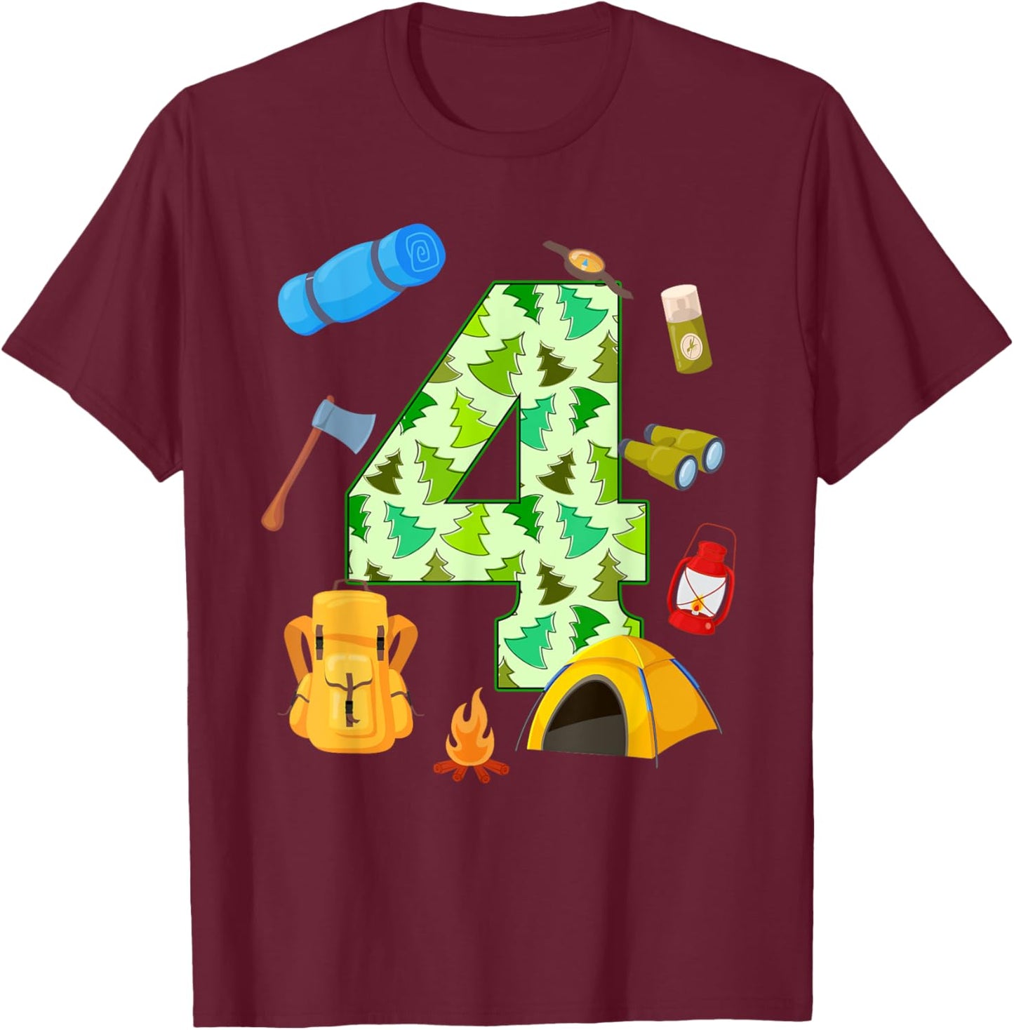 4th Birthday Camping Theme 4 Year Old Birthday Kids T-Shirt - T-Shirt | Maroon