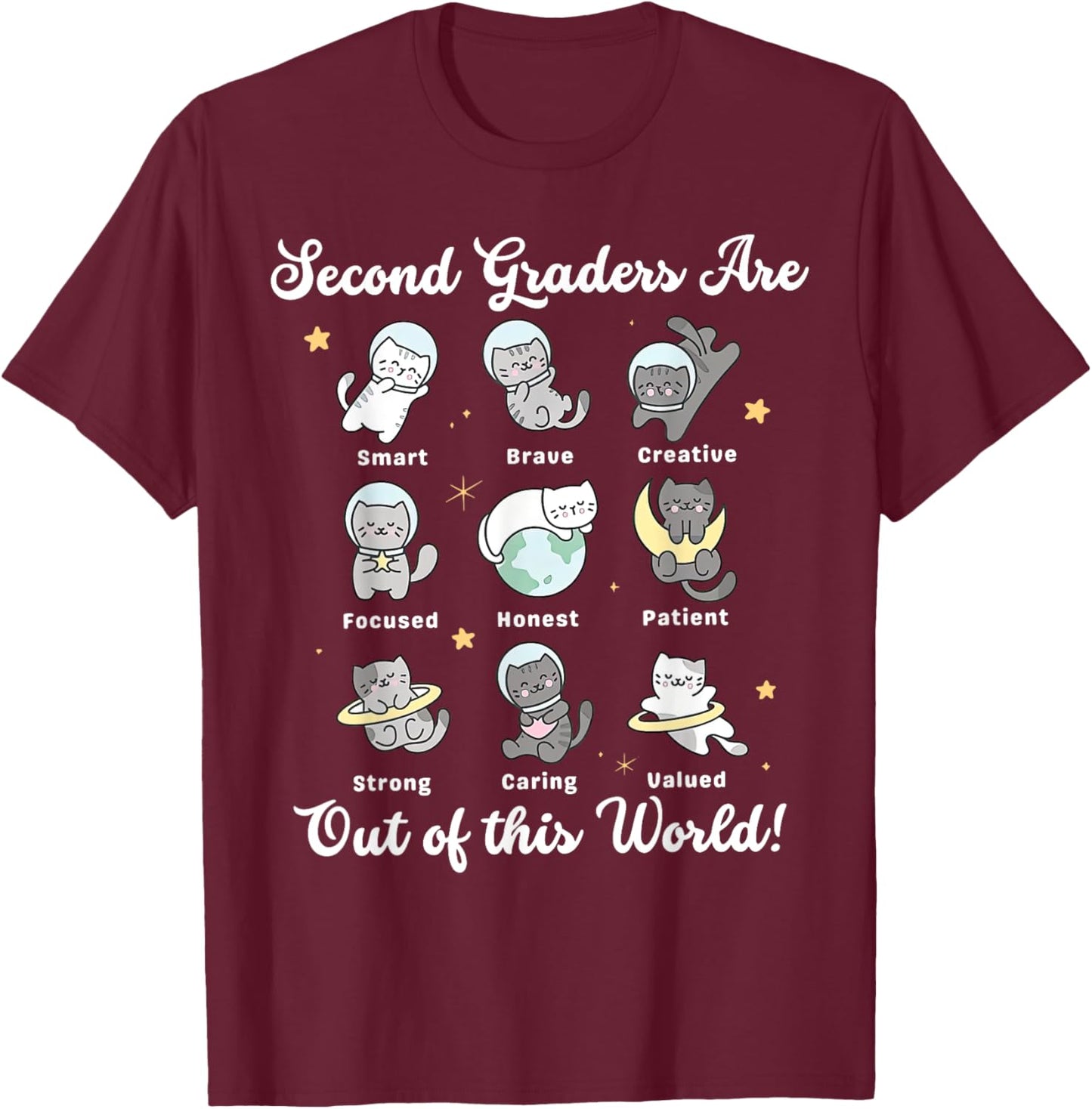 Second Grade are Out of This Word Astronaut Cat Space Teach T-Shirt - T-Shirt | Maroon