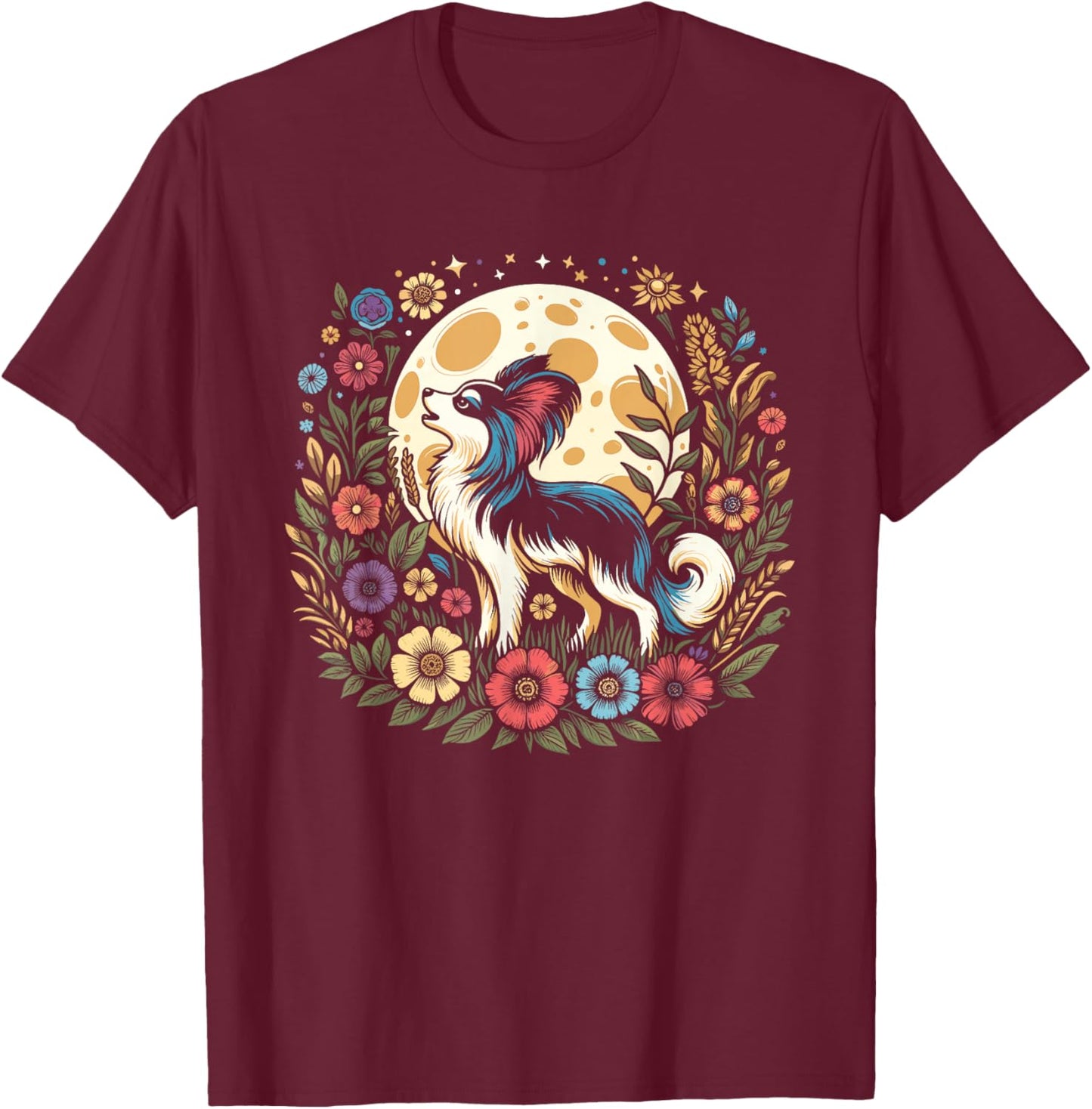 Floral Moon Papillon Dog Breed Pet - Wild Flowers T-Shirt - T-Shirt | Maroon