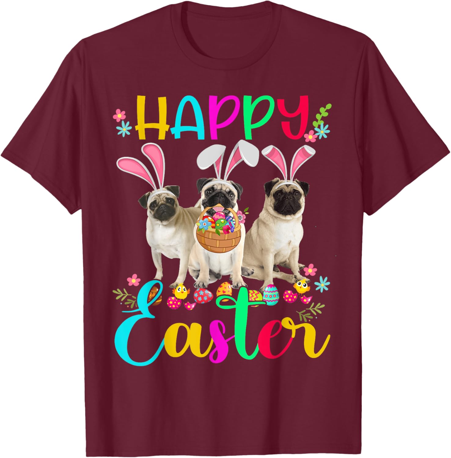 Happy Easter Three Pug Wearing Bunny Ear Pug Lover T-Shirt - T-Shirt | Maroon