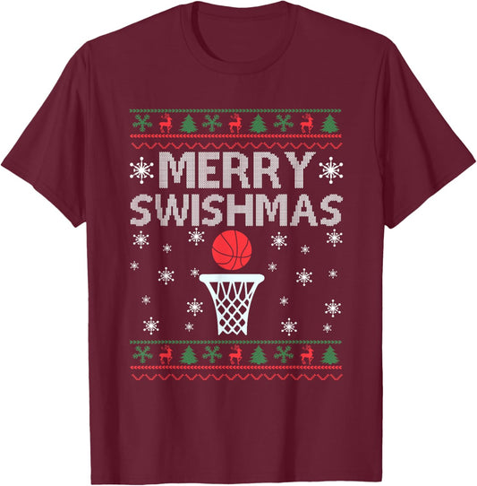 Merry Swishmas Ugly Christmas Basketball Christmas Funny T-Shirt - T-Shirt | Maroon