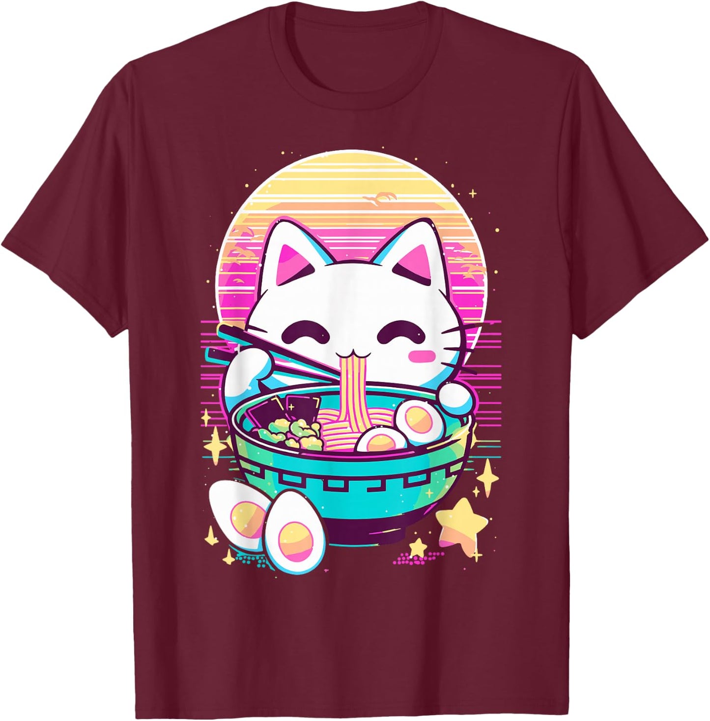 Anime Cat Eating Ramen Japanese Ramen Cat Japan T-Shirt - T-Shirt | Maroon
