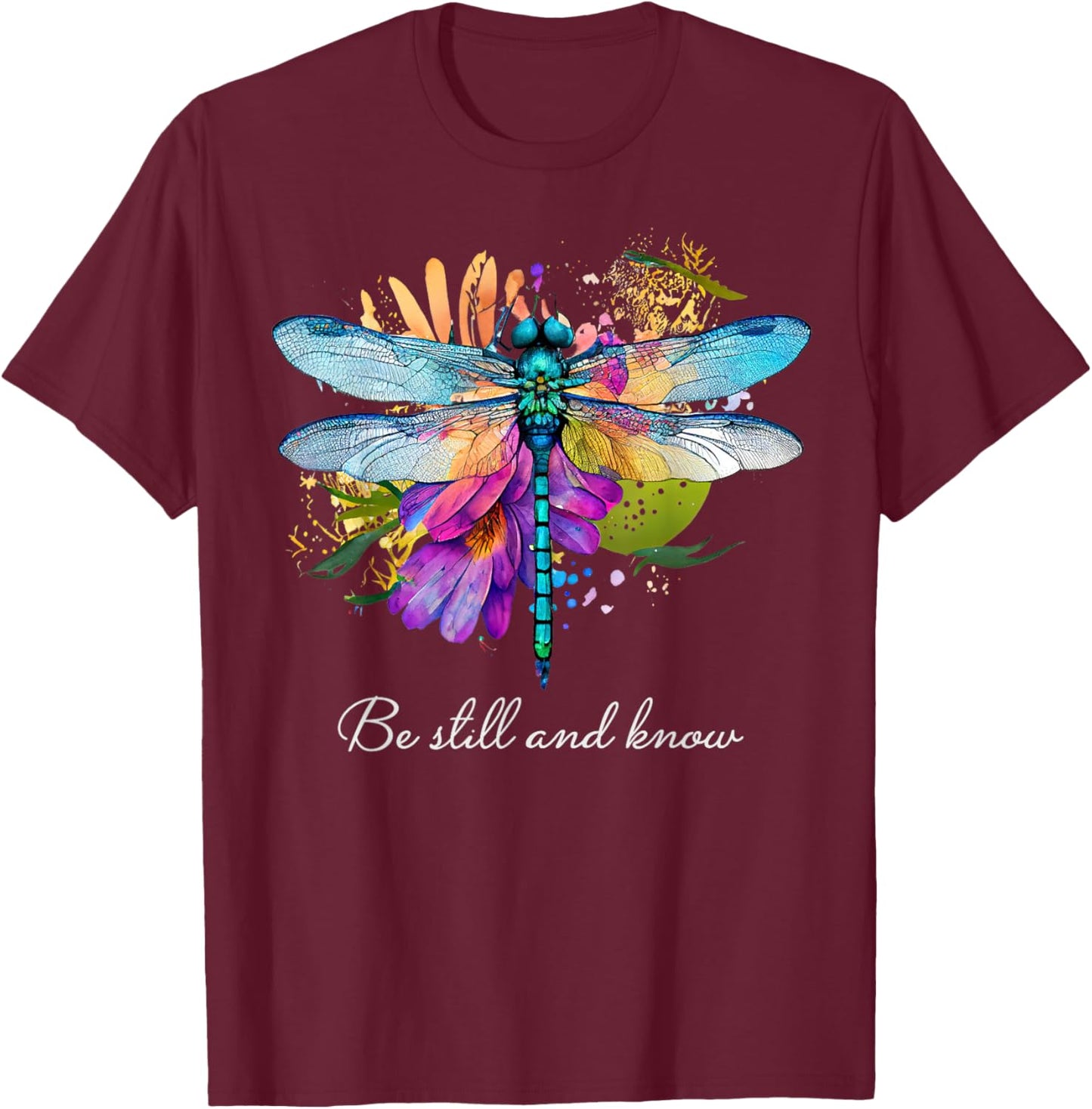Be still and know Floral Dragonfly Christian Summer Women Kids T-Shirt - T-Shirt | Maroon