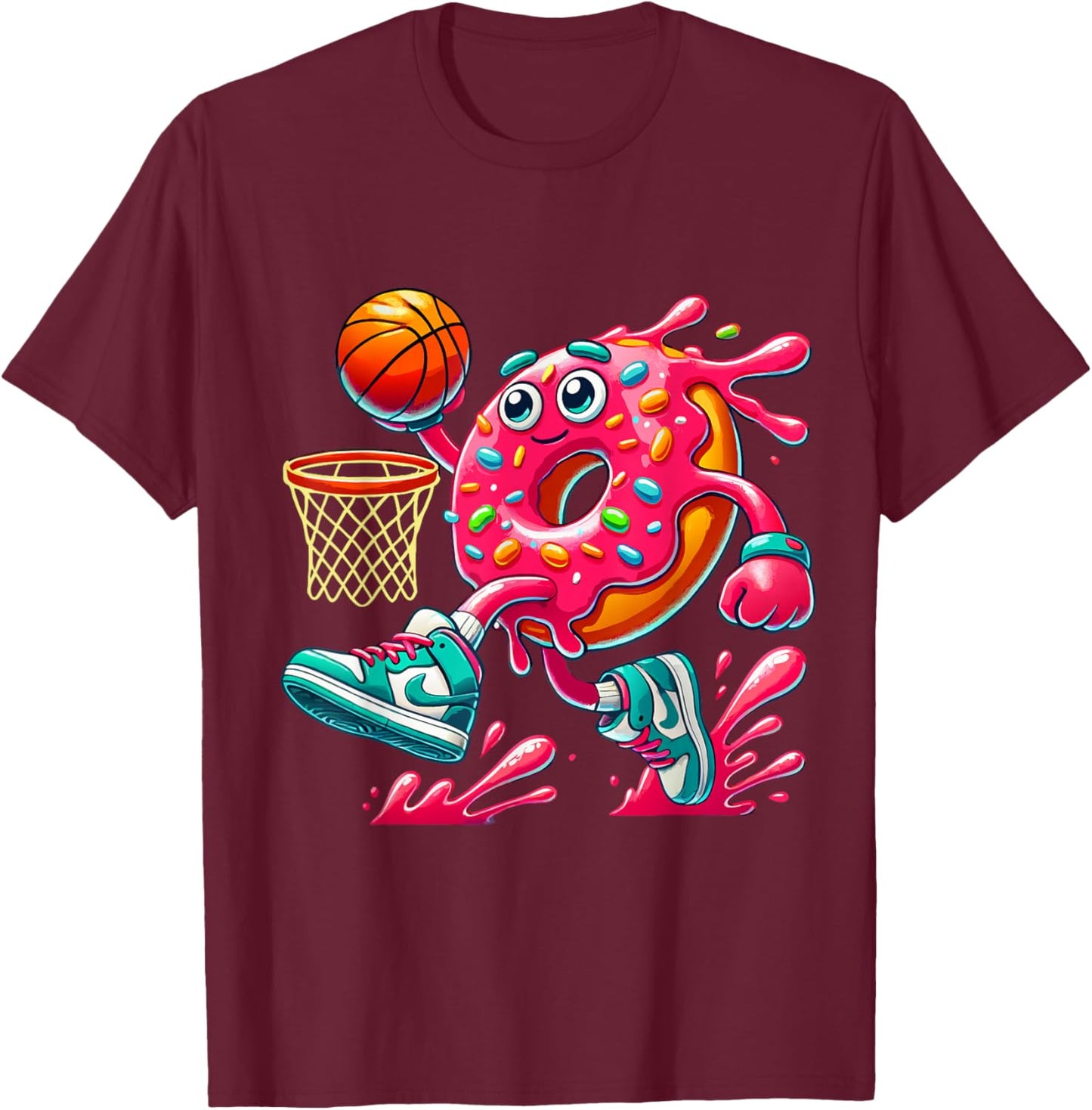 Funny Donut Basketball Food with Fun Cartoon Style T-Shirt - T-Shirt | Maroon