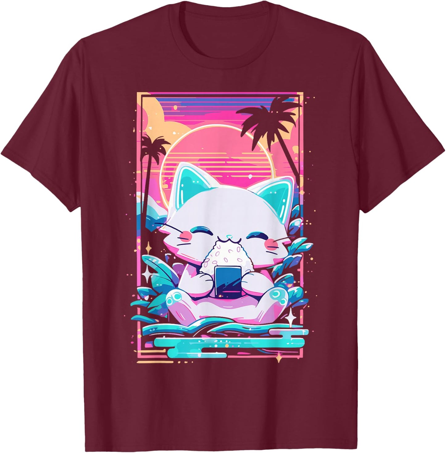 Anime Cat Eating Onigiri Japanese Sushi Cat Japan T-Shirt - T-Shirt | Maroon