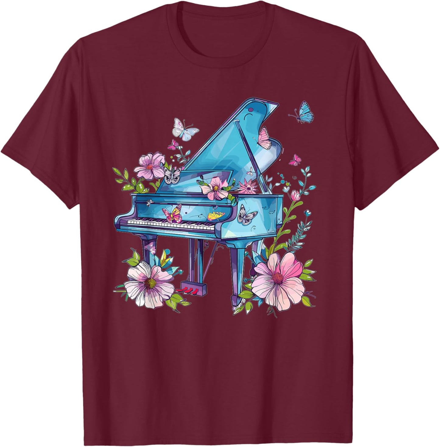 Colorful Piano With Flowers I Music Piano T-Shirt - T-Shirt | Maroon