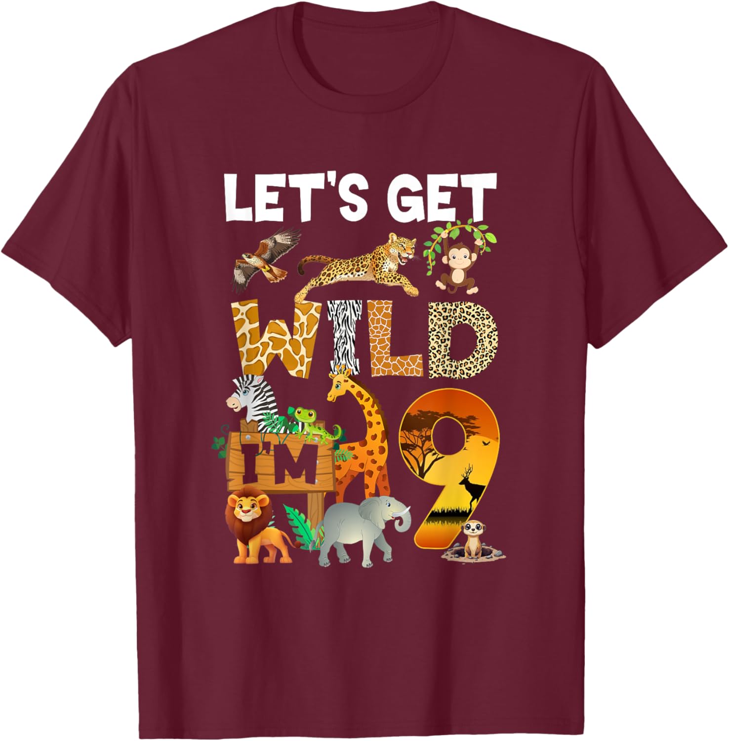 9 Year Old Zoo Birthday Safari Jungle Animal 9Th Bday T-Shirt - T-Shirt | Maroon