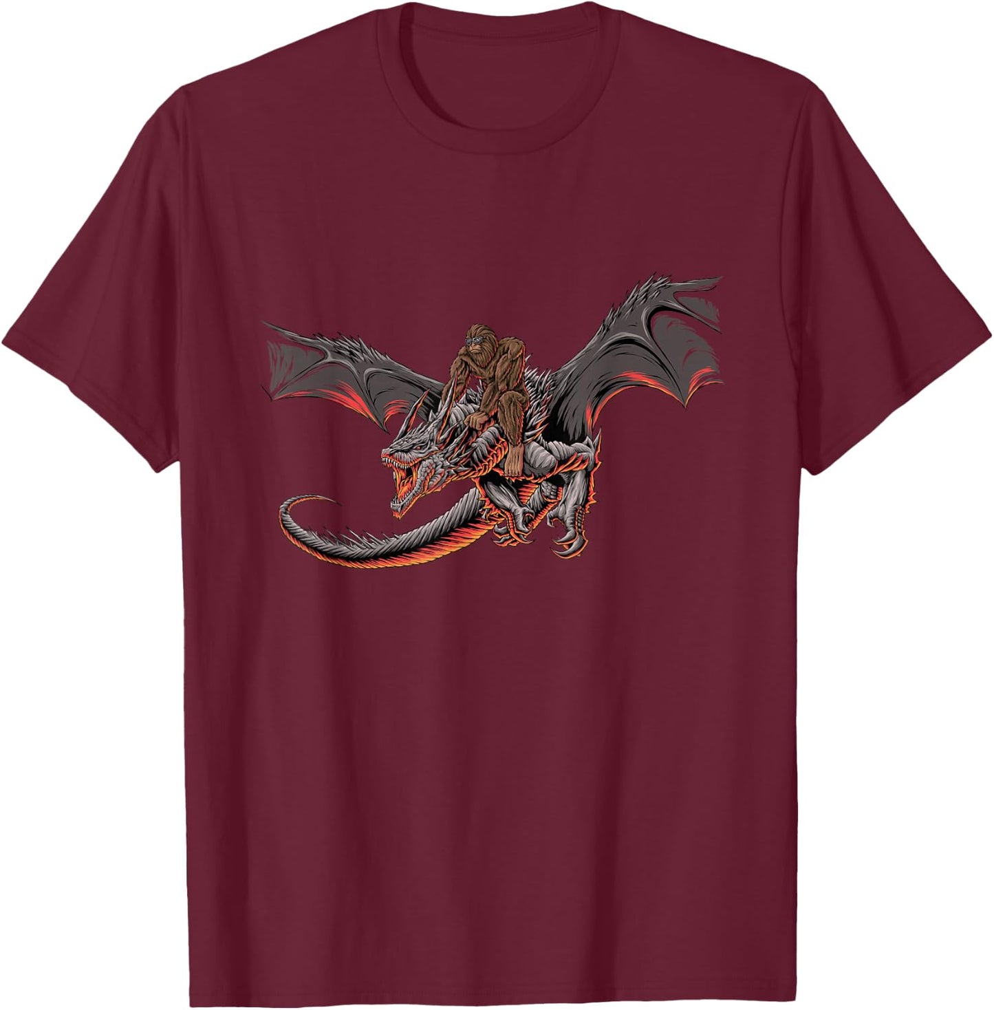 Bigfoot Riding A Dragon Looking at Dinosaurs - Sasquatch T-Shirt - T-Shirt | Maroon