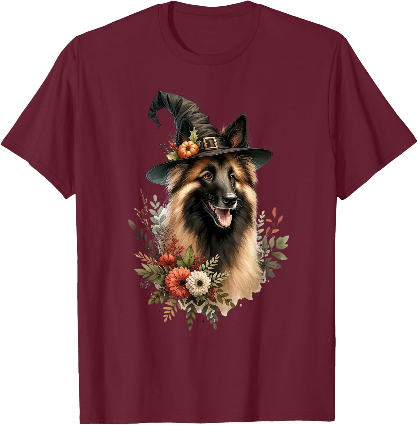 Belgian Tervuren Dog Halloween Watercolor Artwork T-Shirt - T-Shirt | Maroon