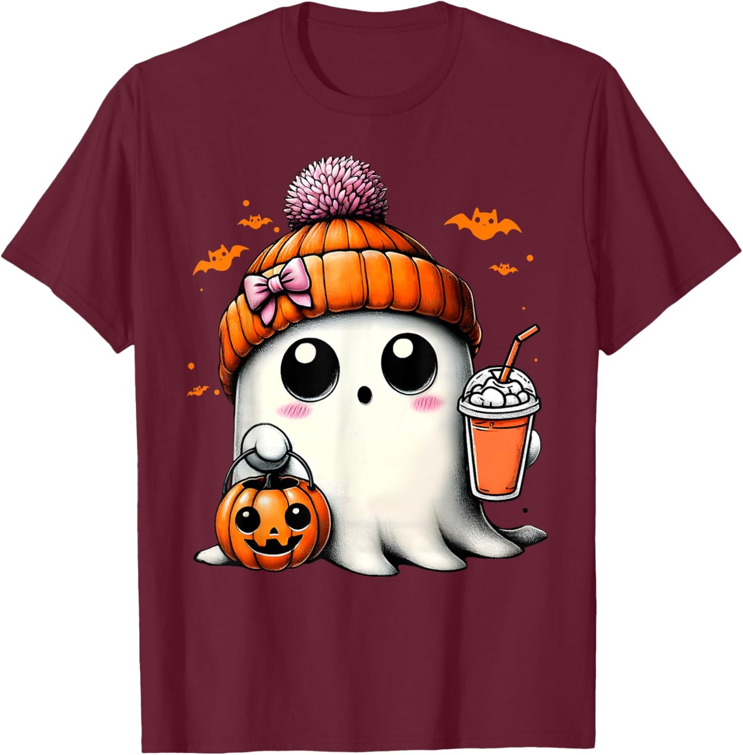 Cute Ghost Drinking Coffee Halloween Ghost Ice Coffee T-Shirt - T-Shirt | Maroon