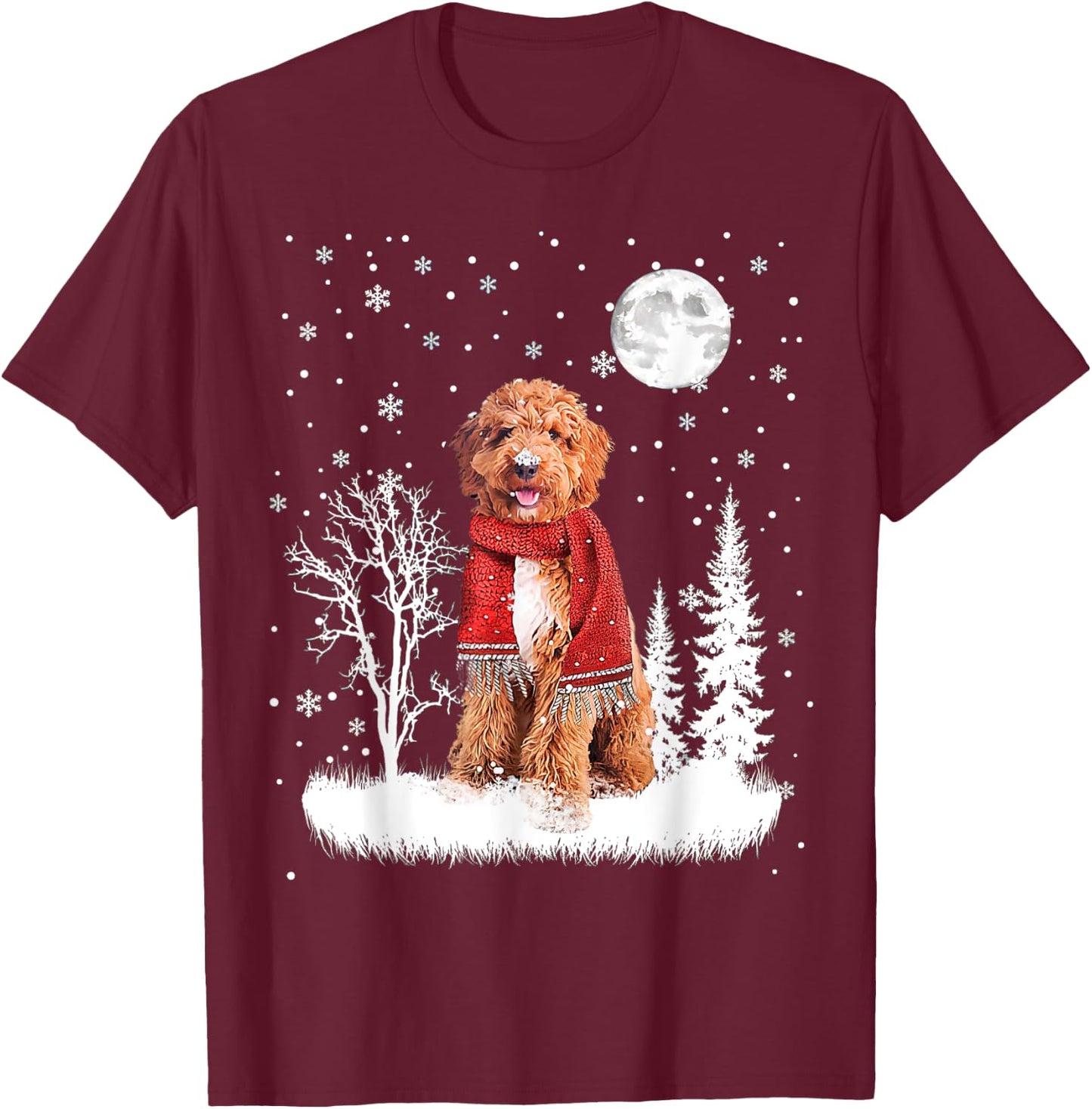 Irish Doodle Under Moonlight Snow Christmas Pajamas T-Shirt - T-Shirt | Maroon