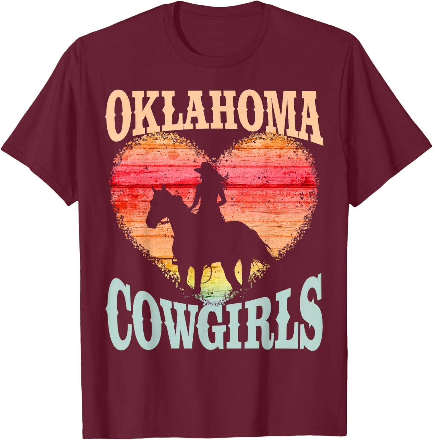 Oklahoma Cowgirls Girl Riding Horse Silhouette Ombre Heart T-Shirt - T-Shirt | Maroon