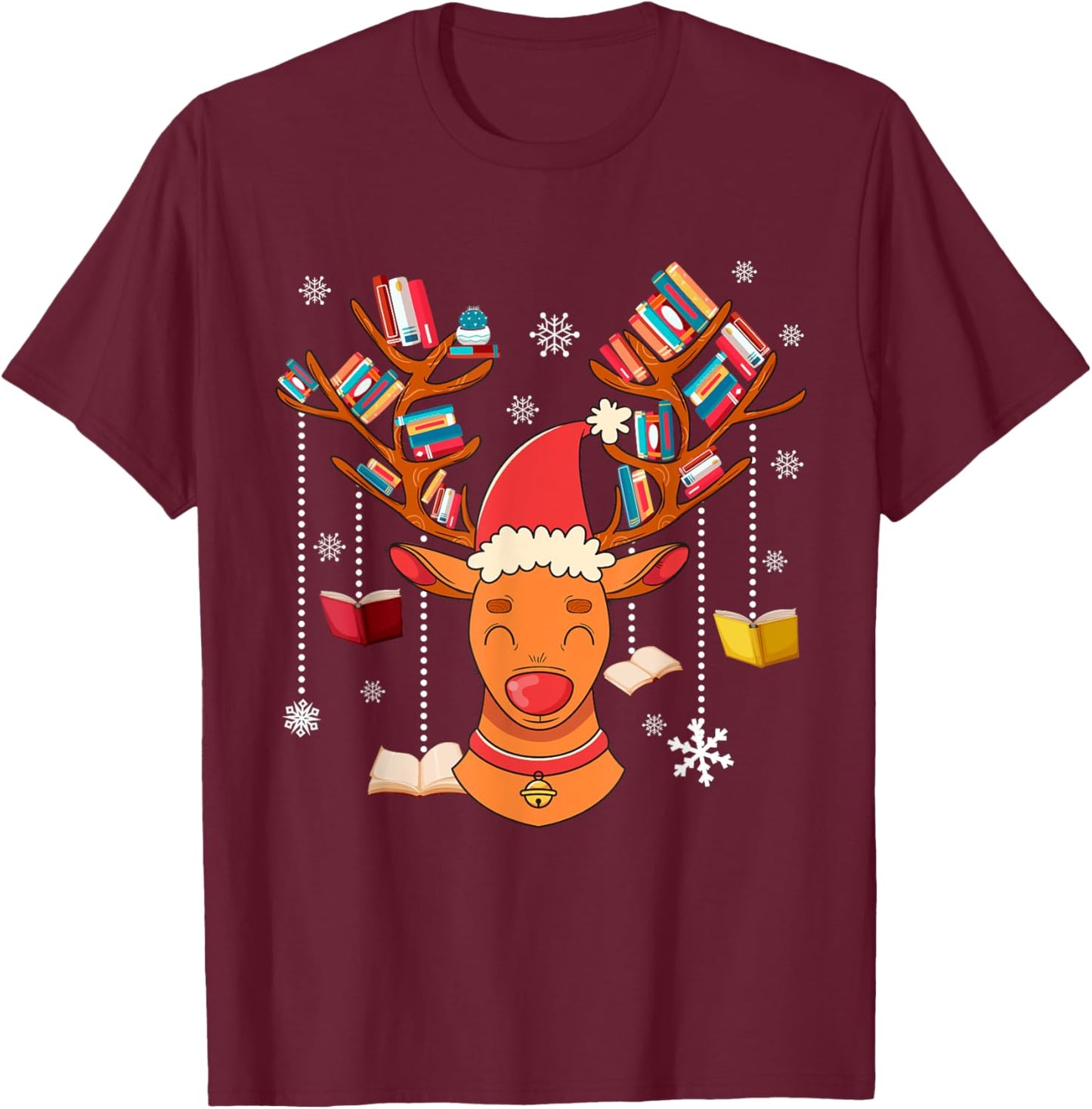 Christmas Librarian Reindeer Xmas Book Teachers Love Reading T-Shirt - T-Shirt | Maroon