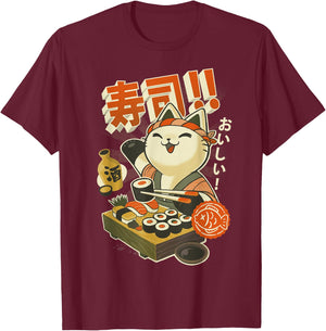 Funny Sushi Cat Chef T-Shirt - T-Shirt | Maroon