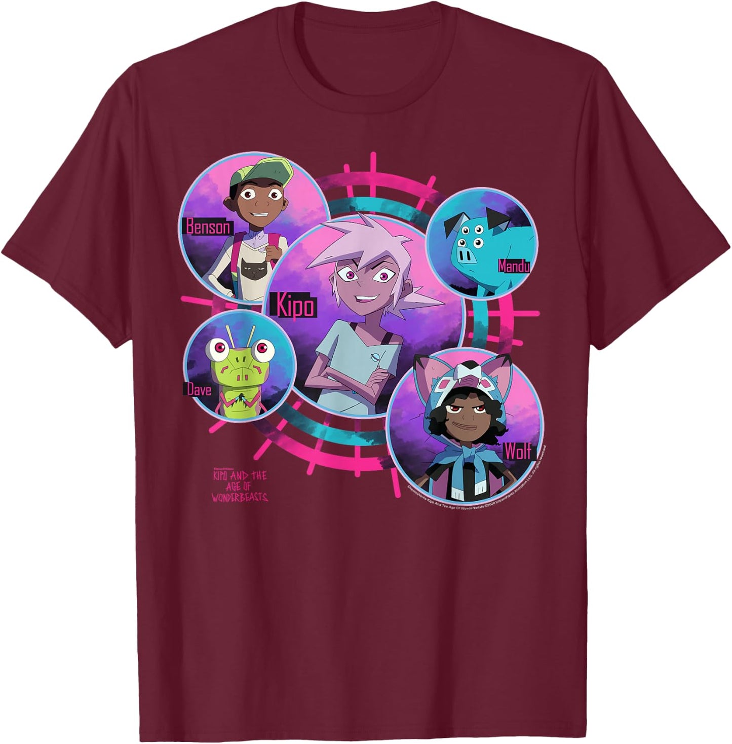 Kipo And The Age Of Wonderbeasts Group Shot Circles T-Shirt - T-Shirt | Maroon