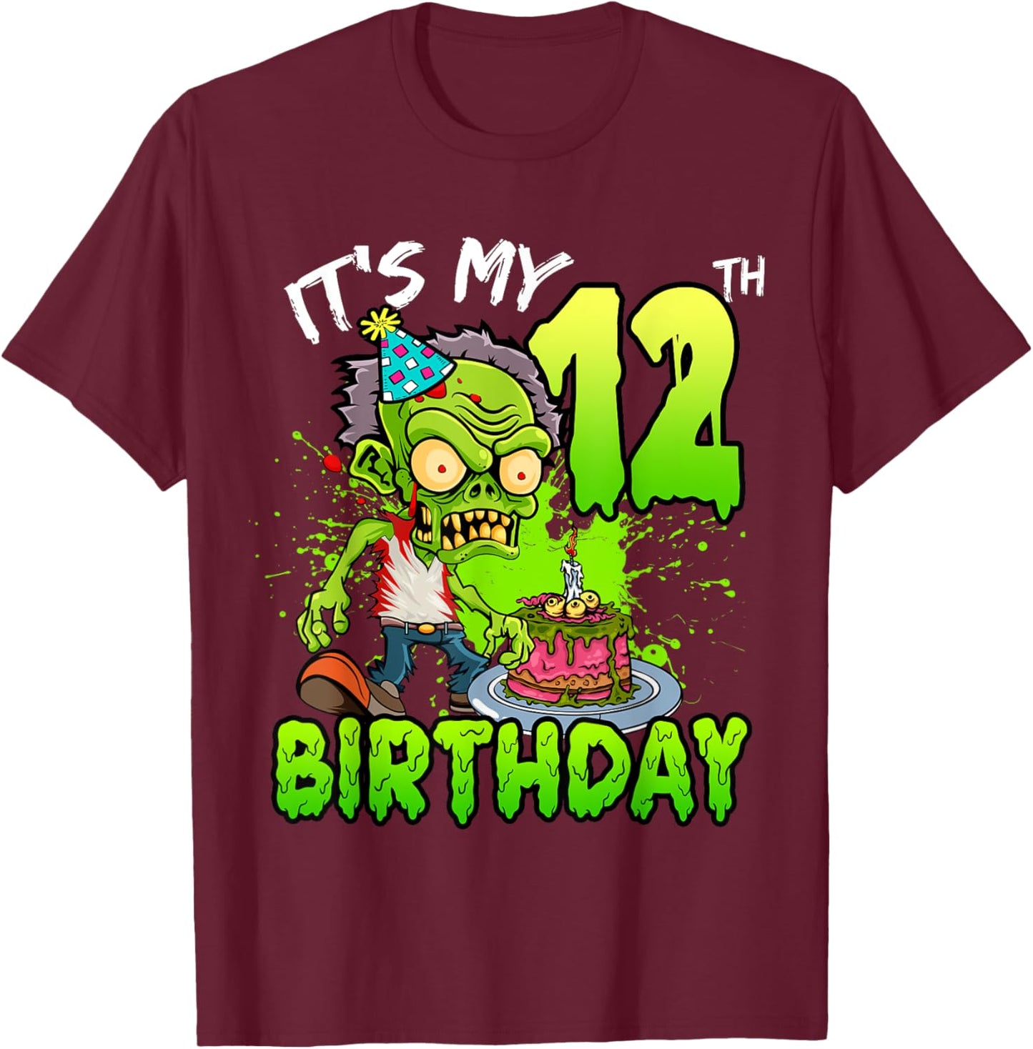 It's My 12th Birthday Zombie Lover 12 Year Old Boys Girls T-Shirt - T-Shirt | Maroon