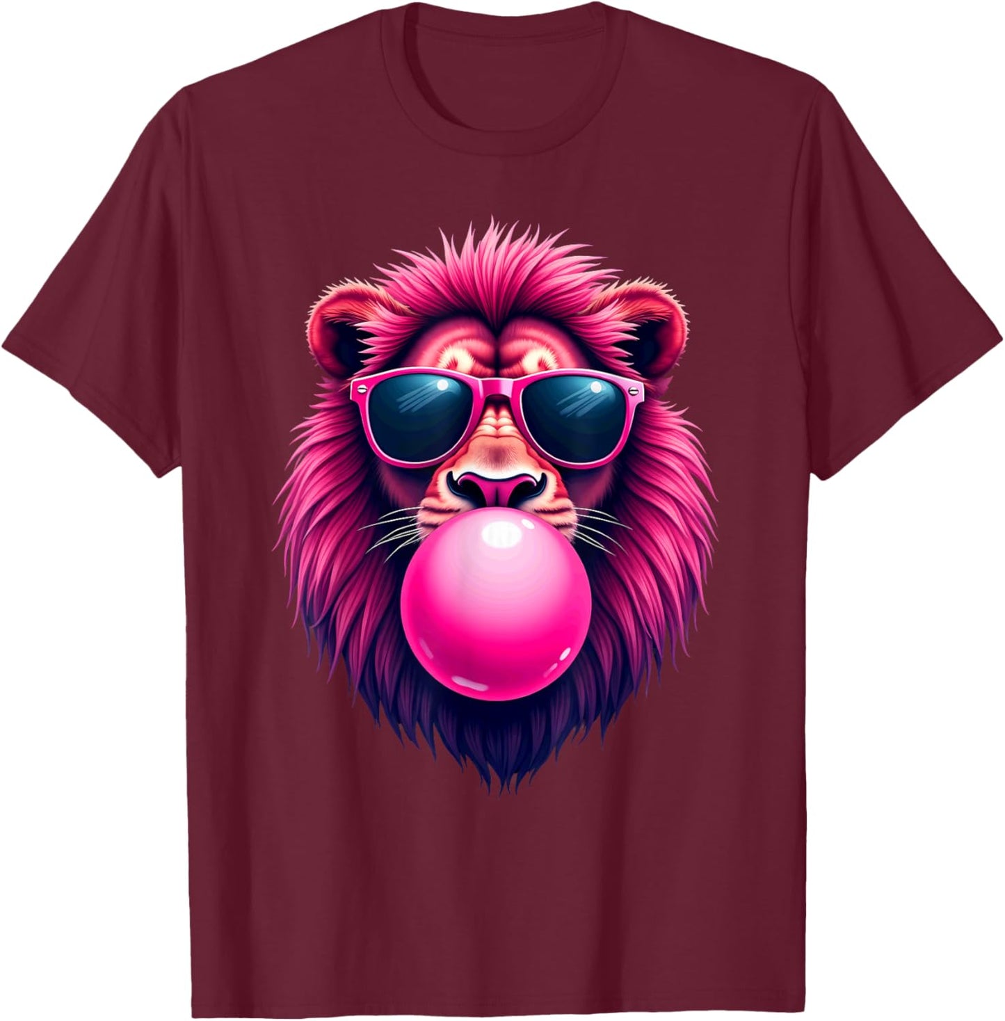 Pink Lion Blowing Bubble Gum T-Shirt - T-Shirt | Maroon
