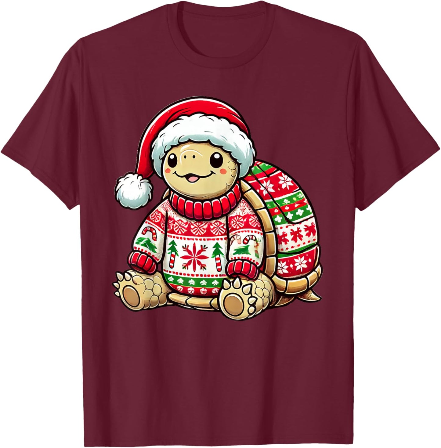 Turtle Ugly Sweater Santa Hat Christmas T-Shirt - T-Shirt | Maroon