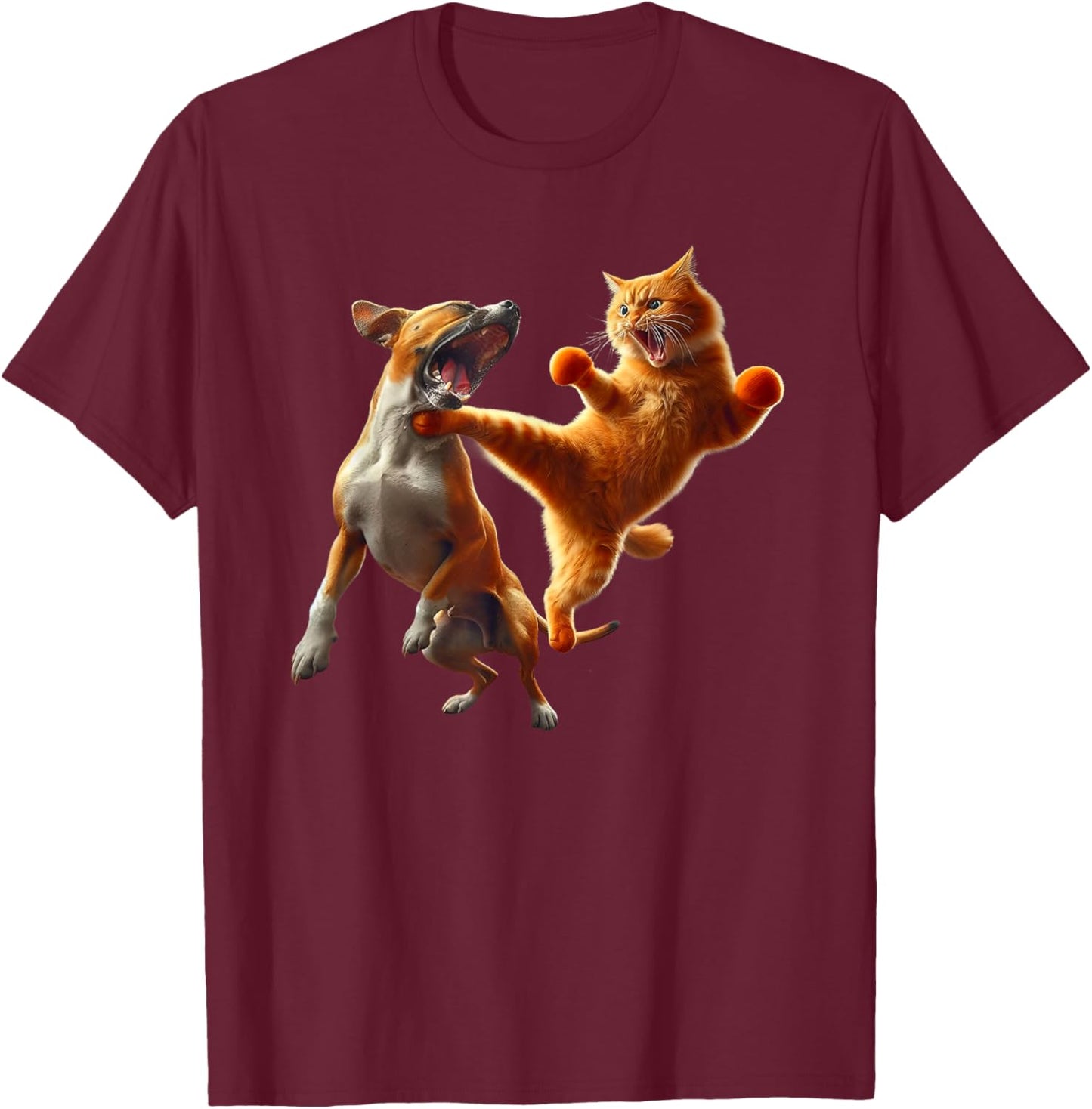 Dog Vs Cat Kick Boxing Fighting Funny Cat Joke Pun Graphic T-Shirt - T-Shirt | Maroon