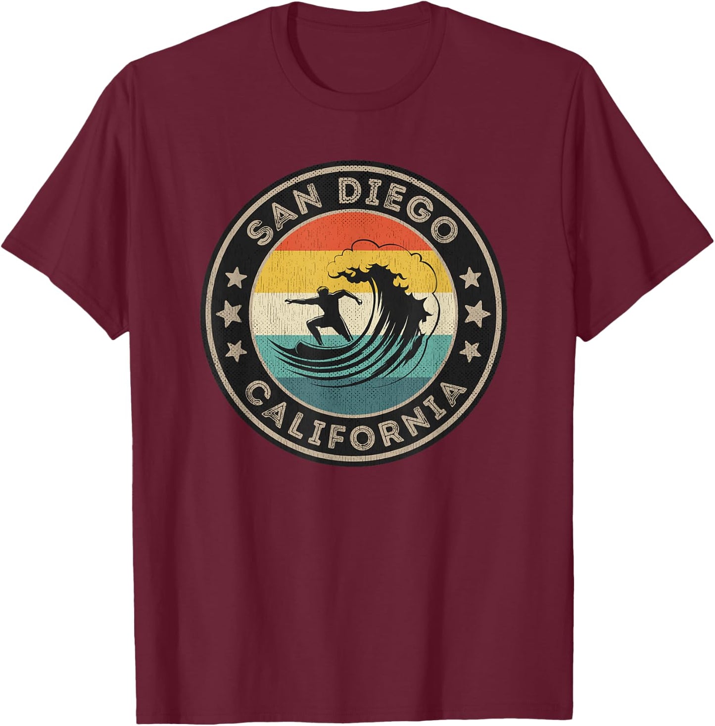 Retro San Diego California USA Surf T-Shirt - T-Shirt | Maroon