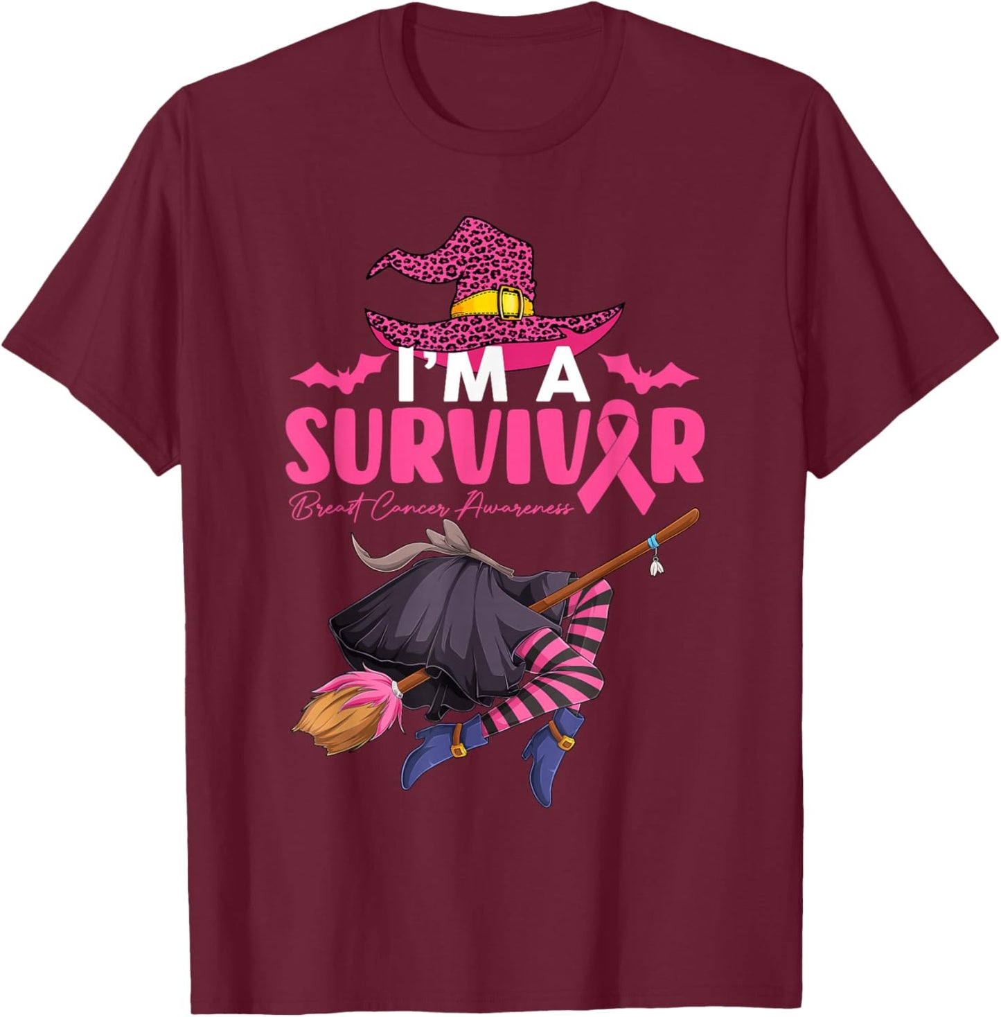 I'm Survivor Witch With Broom Breast Cancer Halloween Women T-Shirt - T-Shirt | Maroon