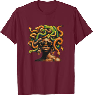 Afro Black Melanin Skin Tone with Medusa Snake Hairstyle T-Shirt - T-Shirt | Maroon
