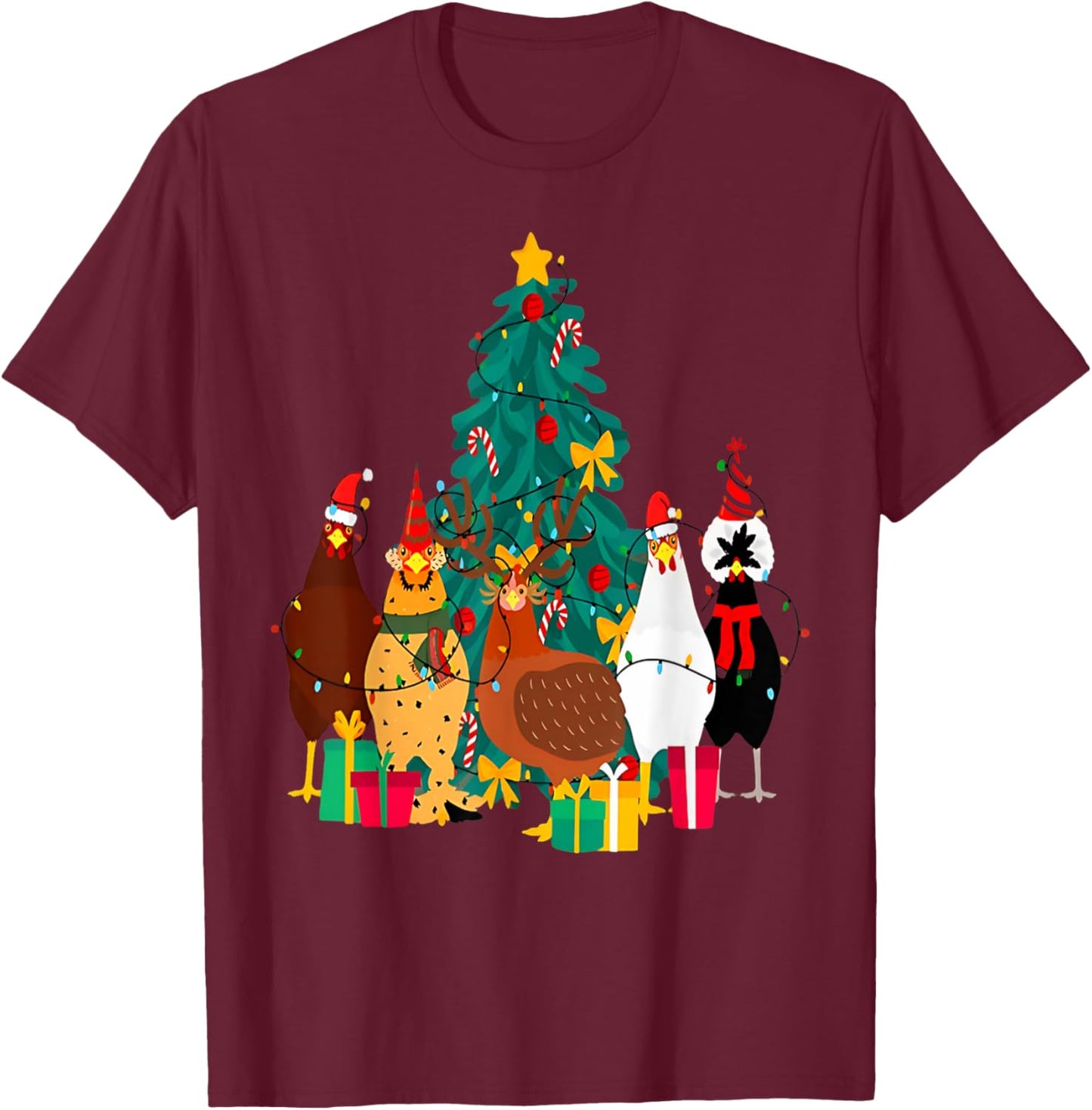 Cute Christmas Chickens Santa Farm Chickens Animals Pajamas T-Shirt - T-Shirt | Maroon