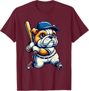English Bulldog Baseball Player Dog Lover Men Women Kids T-Shirt - T-Shirt | Maroon