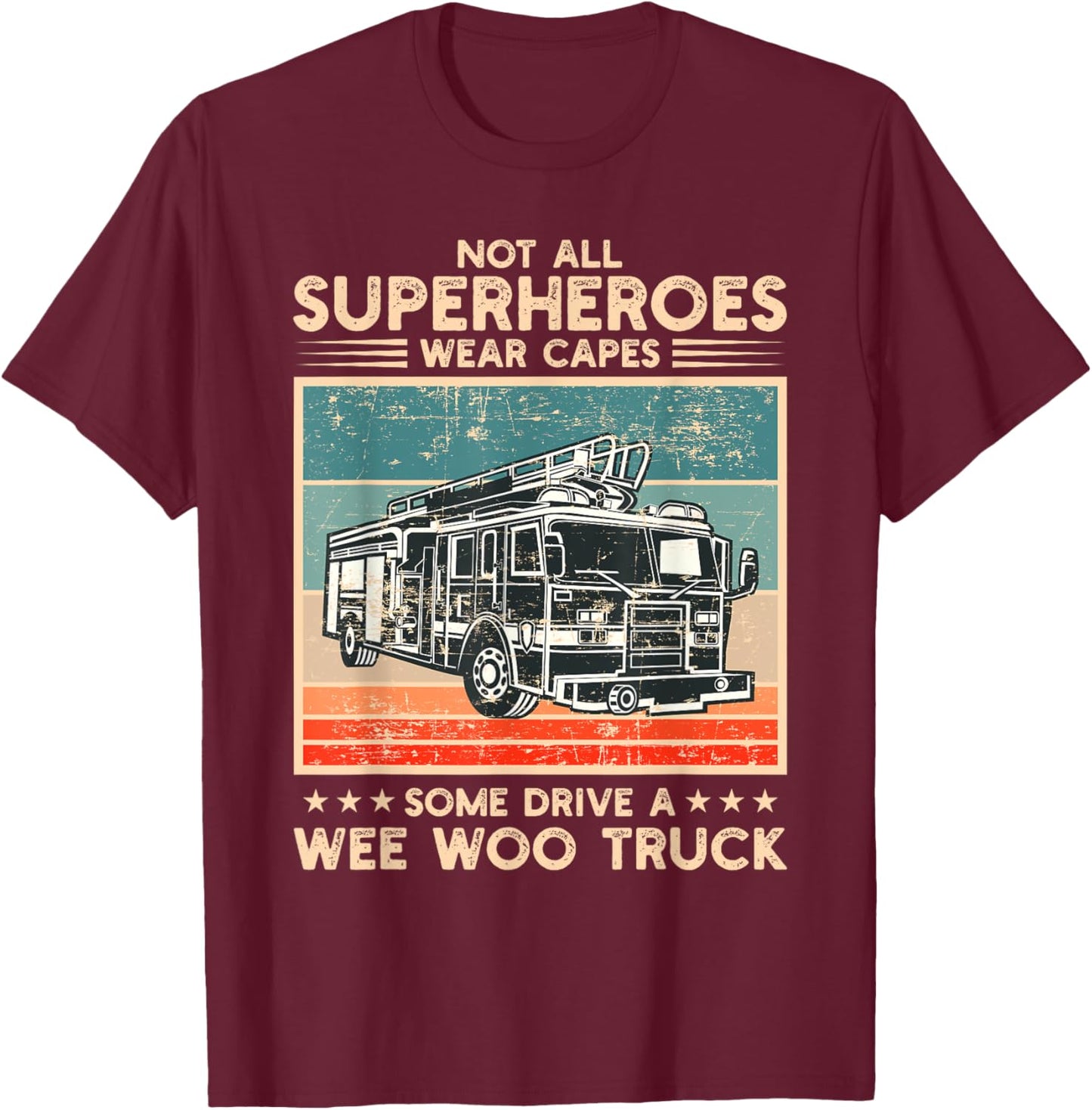 Wee Woo Fire Truck Co. Adult Superhero Humorous Modern Black , Small, Short Sleeve, Classic Fit, Crew Collar, , Cotton 65% Polyester 35% T-Shirt - T-Shirt | Maroon
