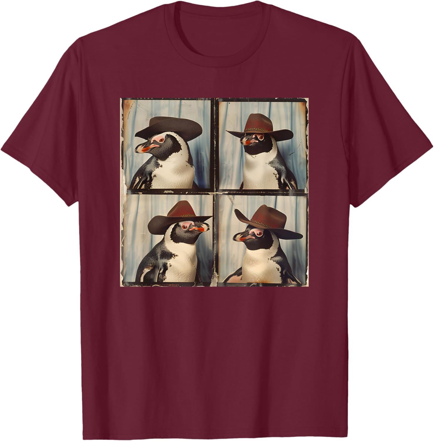 Penguin In Hat Funny Zoo Animal Photobooth Penguin Cowboy T-Shirt - T-Shirt | Maroon