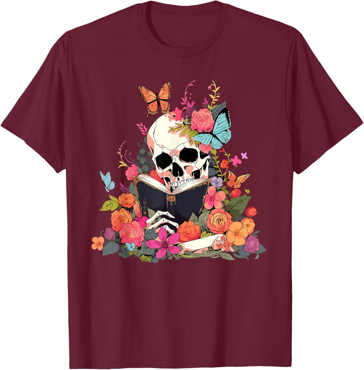 Book Reading Skull Skeleton Flowers Floral Bookish Butterfly T-Shirt - T-Shirt | Maroon