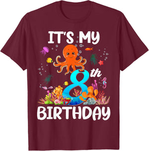 8 Year Old Ocean Life Whale Dolphin Octopus 8th Birthday T-Shirt - T-Shirt | Maroon