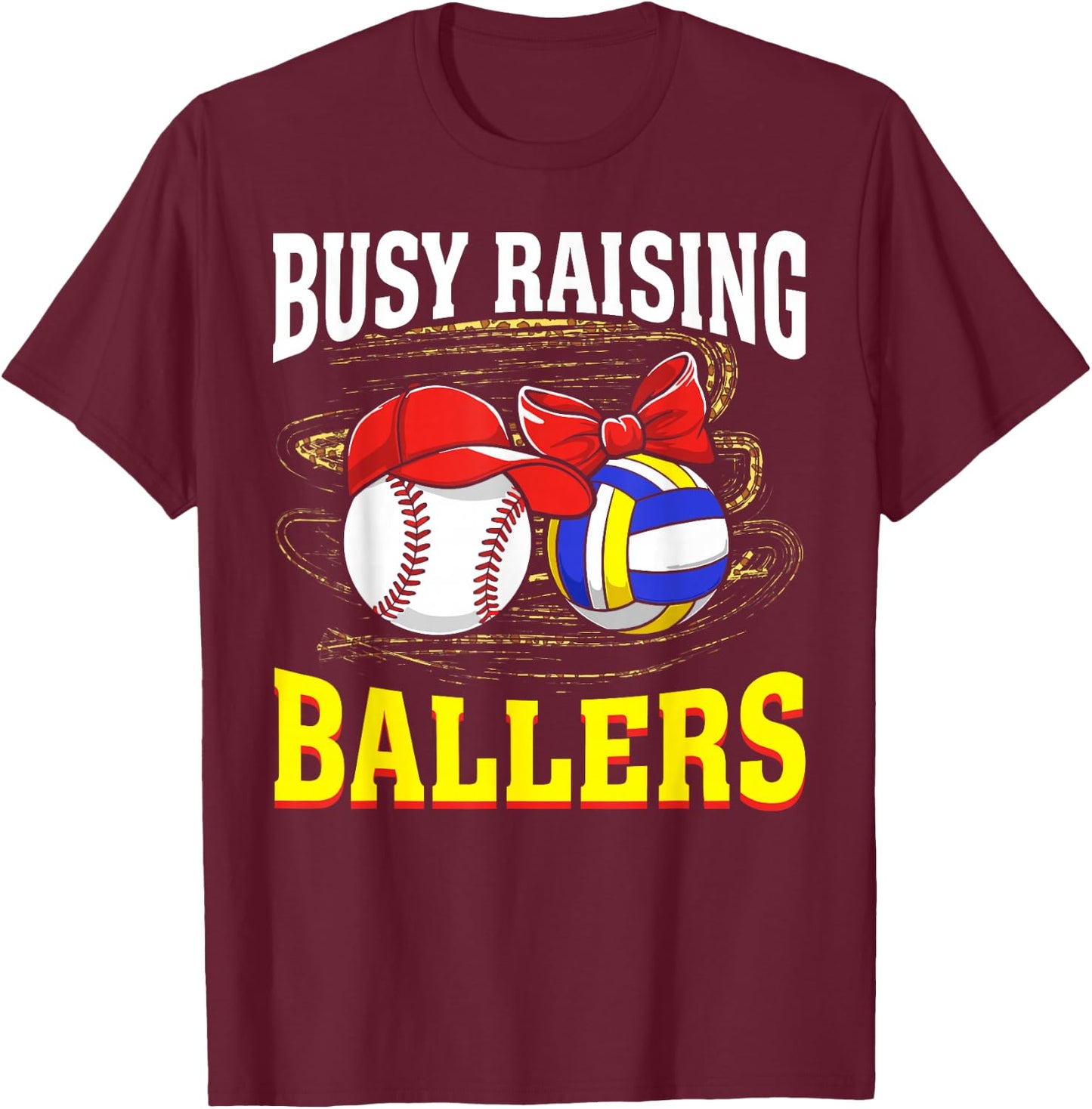Busy Raising Ballers baseball volleyball mom leopard women T-Shirt - T-Shirt | Maroon