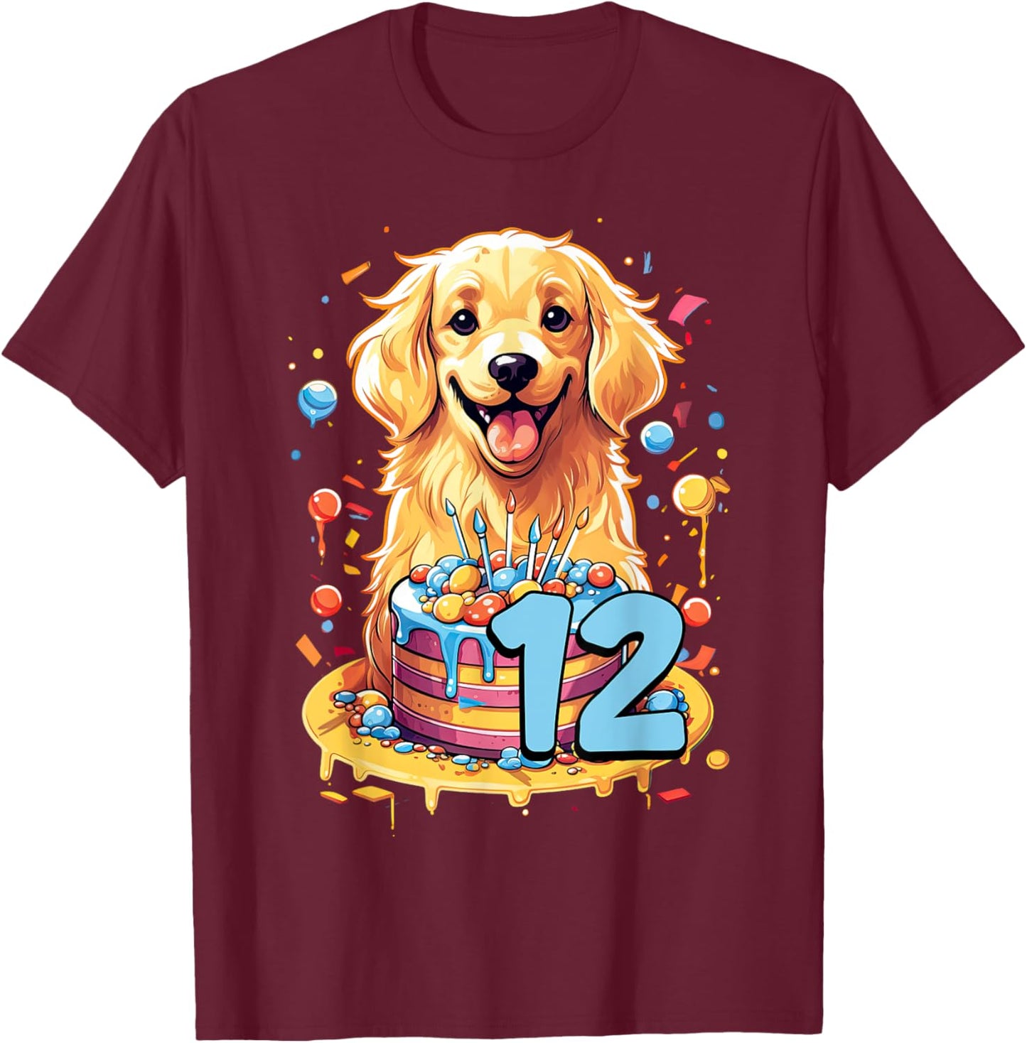 Golden Retriever Dog 12th Birthday Themed Party 12 Women Kids T-Shirt - T-Shirt | Maroon