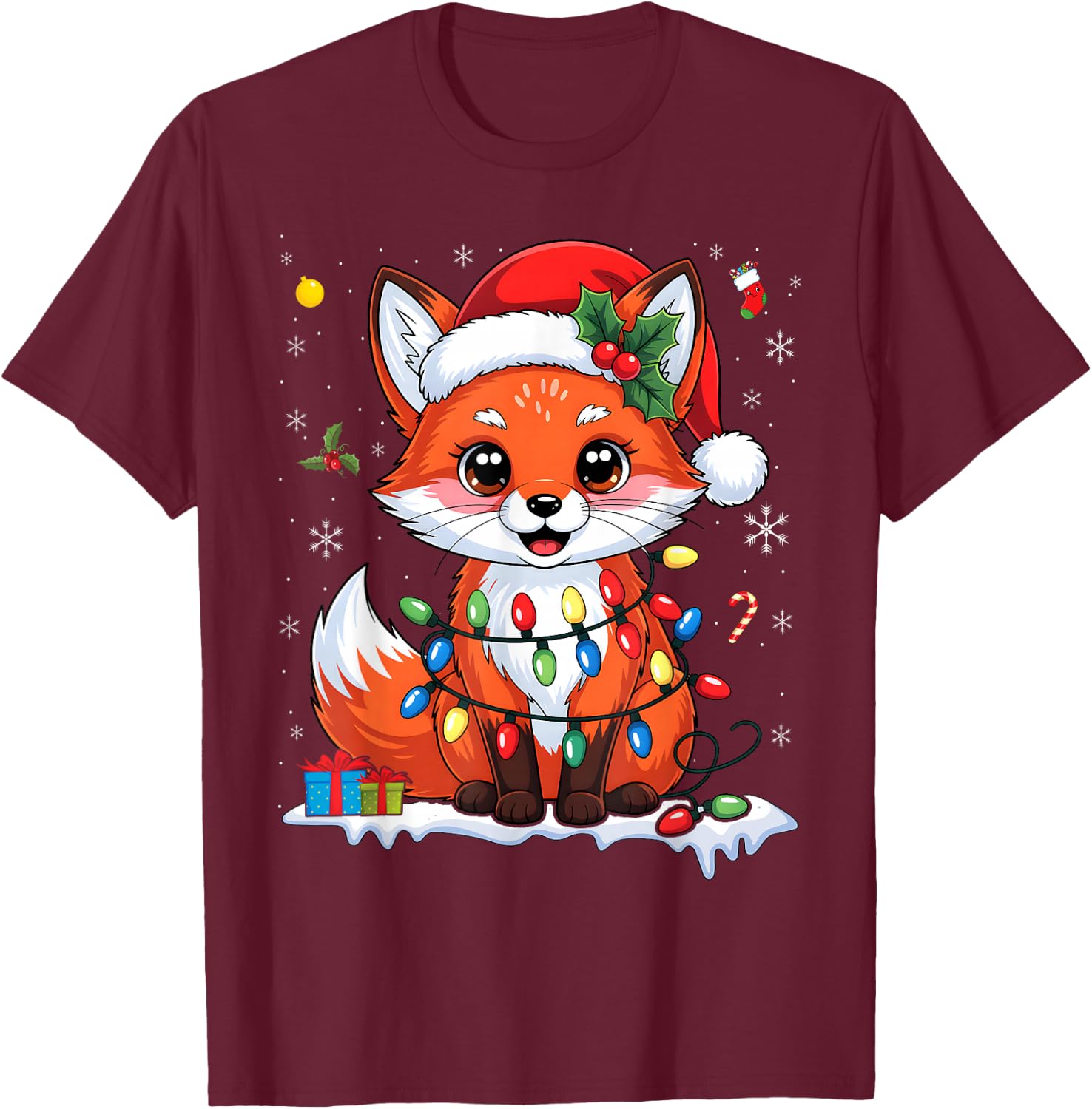 Merry Foxmas Christmas Lights Cute Fox Santa Hat T-Shirt - T-Shirt | Maroon