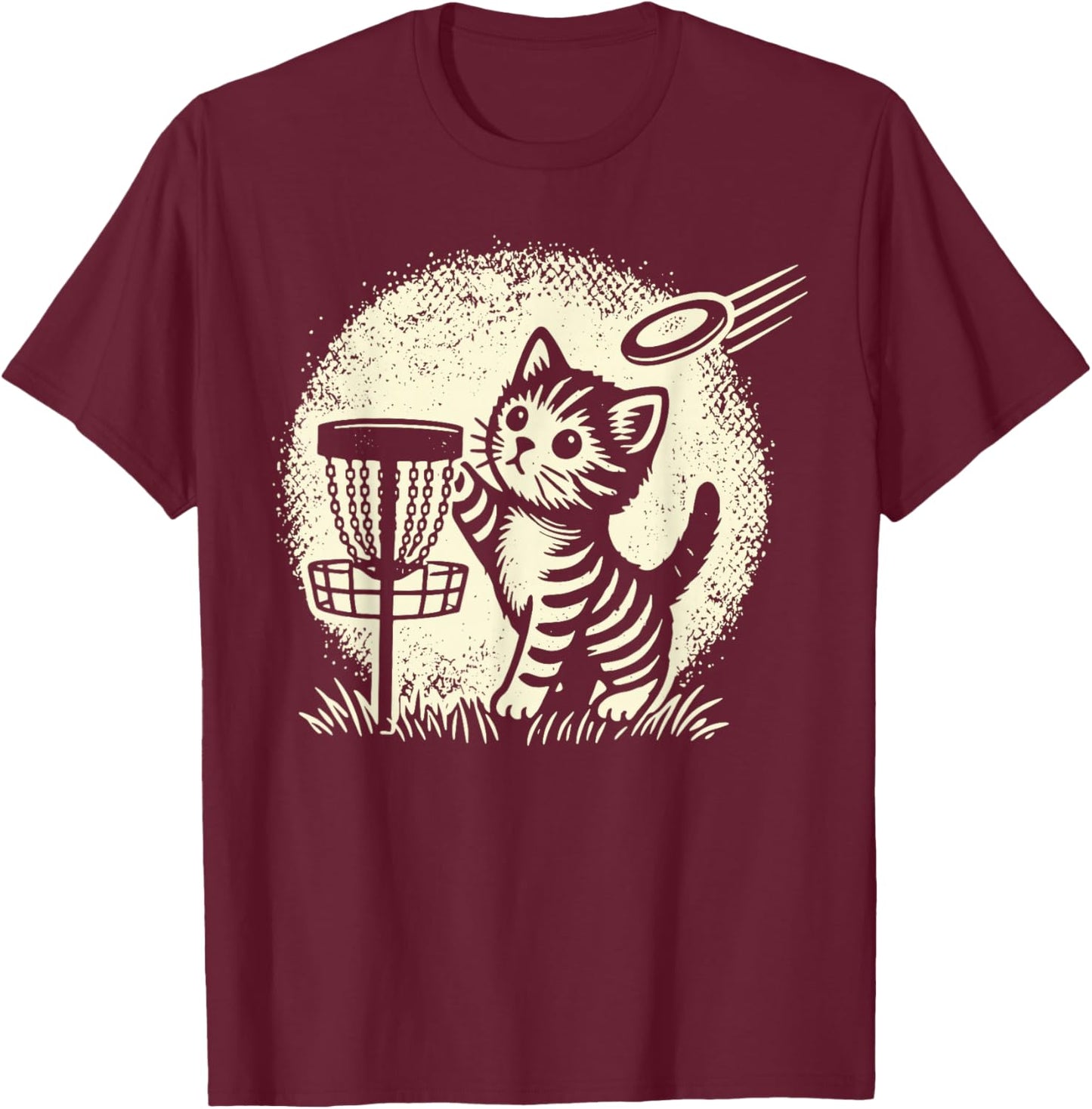 Vintage Cute Kitten Playing Disc Golf Golfing Golfer Cat T-Shirt - T-Shirt | Maroon