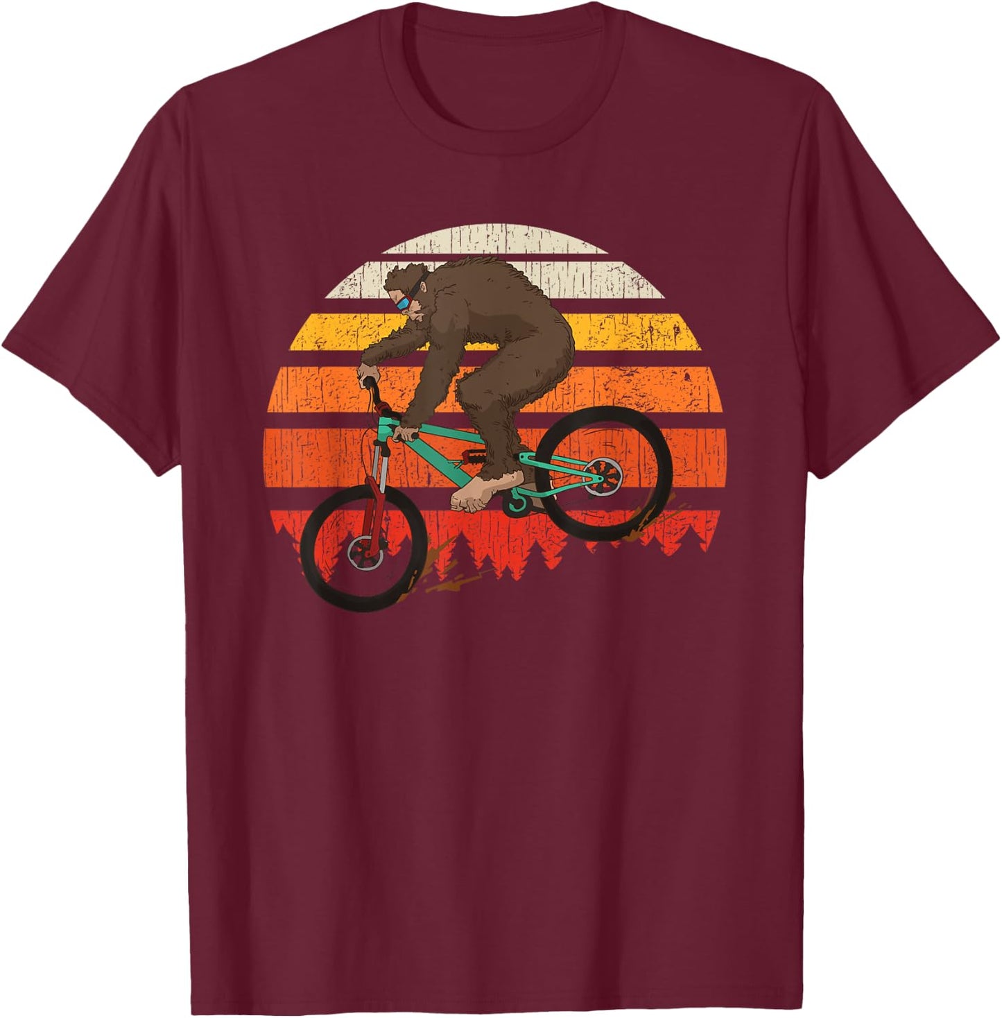 Retro Mountain Biking MTB Funny Bigfoot Riding Bike Gift T-Shirt - T-Shirt | Maroon